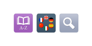 Image shows a dictionary button on the left, translation button in the centre and magnifying glass button on the right. 