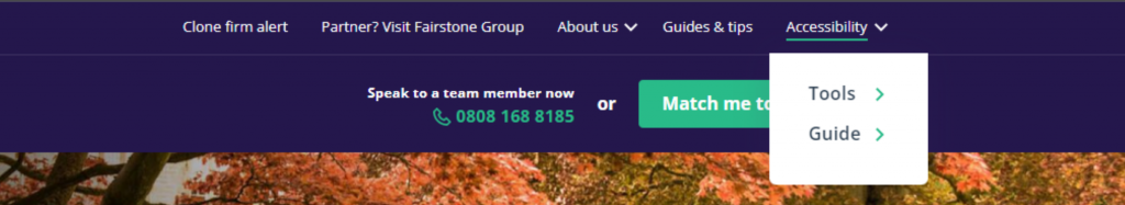 Screenshot from the Fairstone website showing where the accessibility tools and guide can be accessed. 